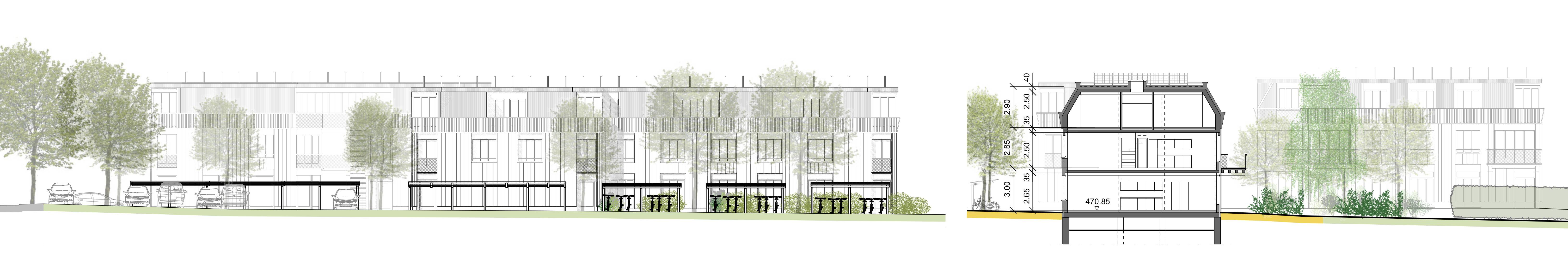 Nordfassade und Schnitt